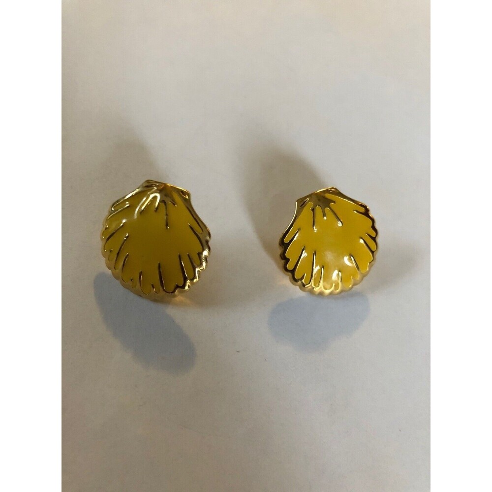 Vintage Yellow Enameled Gold Tone Clam Shell Design Statement Earrings Pierced